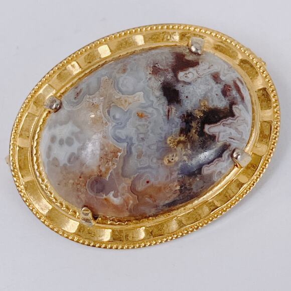 VTG Mid Century Brooch Agate Gemstone Oval Stone Pin 1960s 1970s Gold Tone - Picture 11 of 11